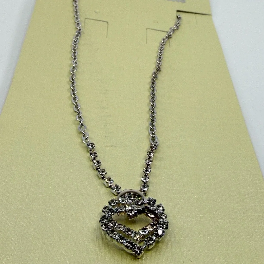Stunning Double Heart Rhinestone Necklace Silver Tone Romantic Coquette Gift